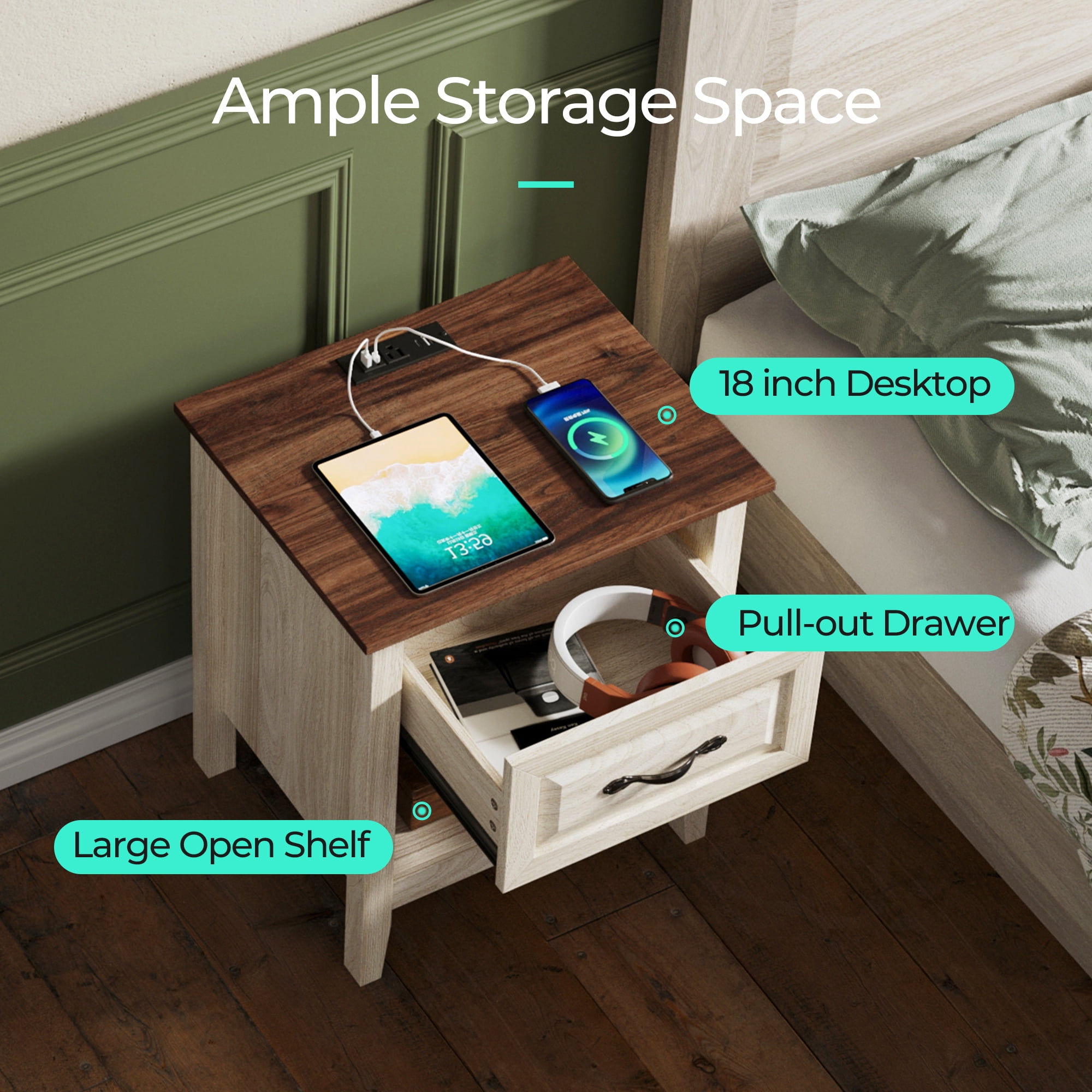 Linsy Home Nightstand for Bedroom set of 2 with Charging Station, Farmhouse End Tables for Living Room set of 2 with Drawer, Beige