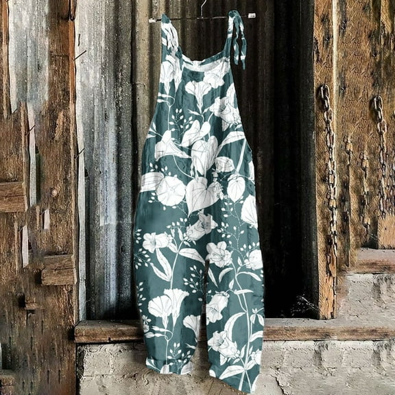 Virmaxy Women's Fashion Overalls Beautiful Pattern Print Adjustable Backless Pants Wide Leg Pockets Baggy Overalls For Women Blue-C M
