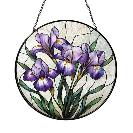 Botanical Purple Iris Stained Glass Style Suncatcher Window Decor Elegant Floral Art Ornament