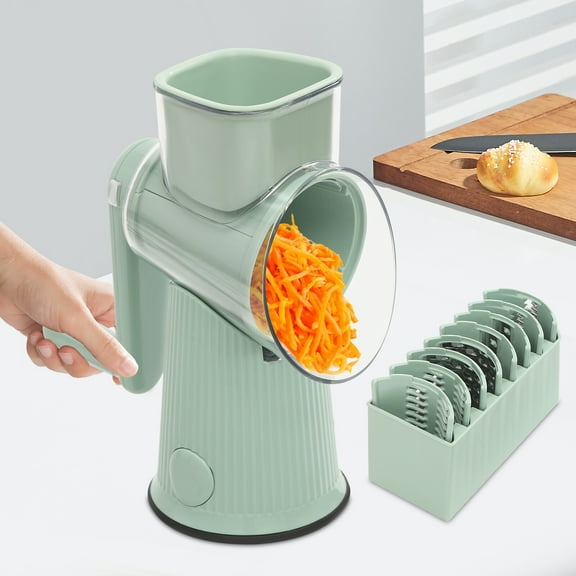 Green Manual Vegetable Cutter, Luxurious Stainless Steel Fast Salad Vegetable Rotary Cutter with 5 Blades, Food Slicer Rotary Chopper for Thin Slices, Thick Shreds, and Thin Shreds