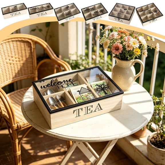 Wooden Tea Storage Box Organizer - 6 Style Divided Compartments, Clear Lid Tea Bag Holder, Desktop Snack Organizer, Vintage Decorative Countertop Box