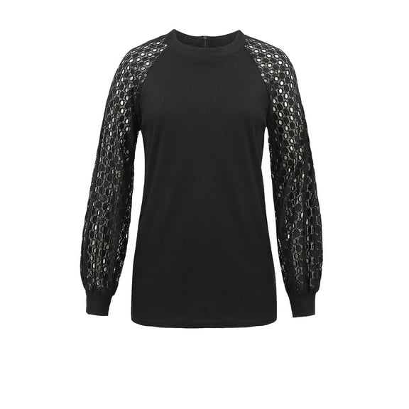 Women Tops Long Sleeve Women Blouses Hollow-Out Lace Tops Crew Neck Solid Coloe Shirts for Women Black, Size M to 2XL