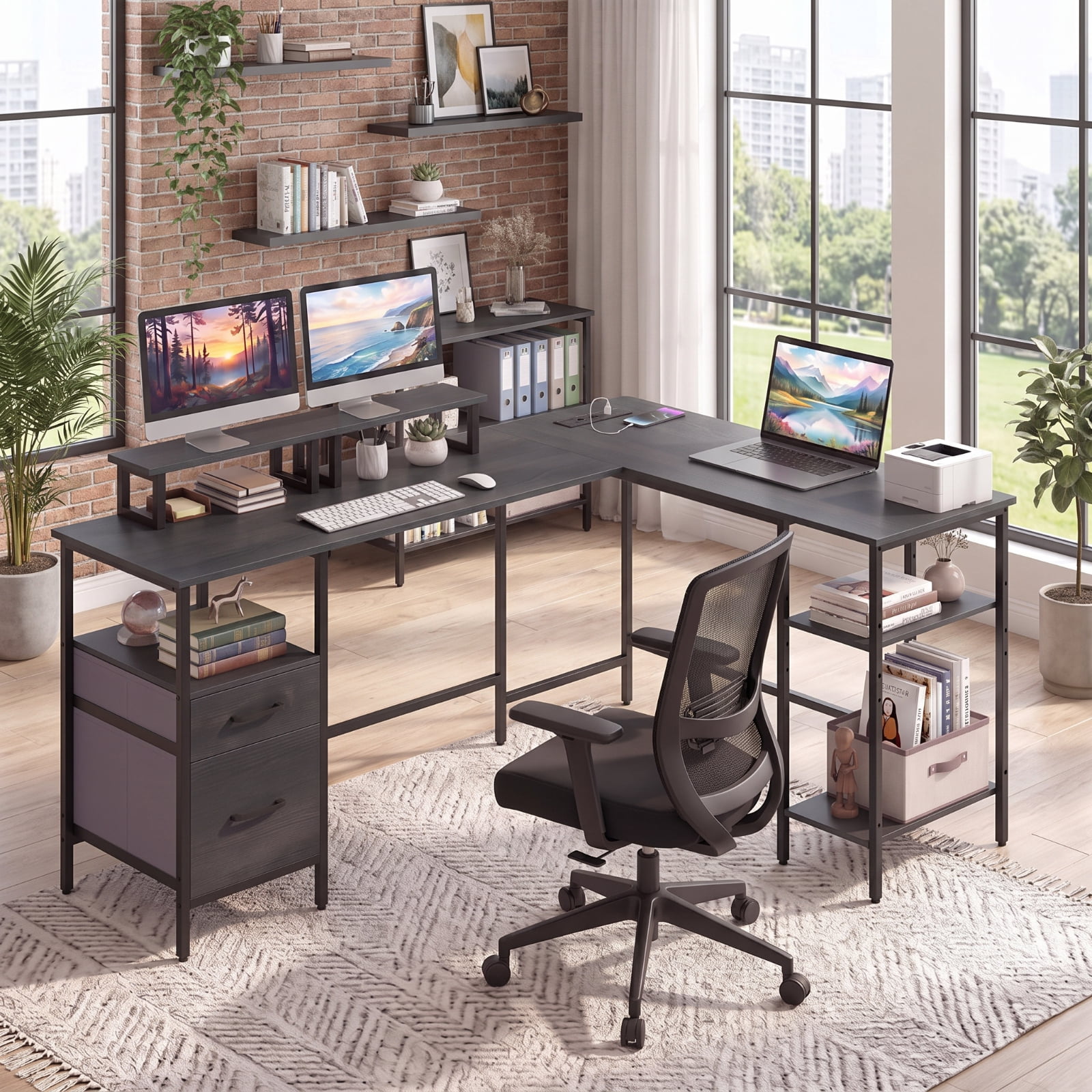 Furnibear L Shaped Desk with Power Outlet, Reversible Corner Computer Desk with Monitor Stands and 2 Drawers for Home Office Gaming, Rustic Brown