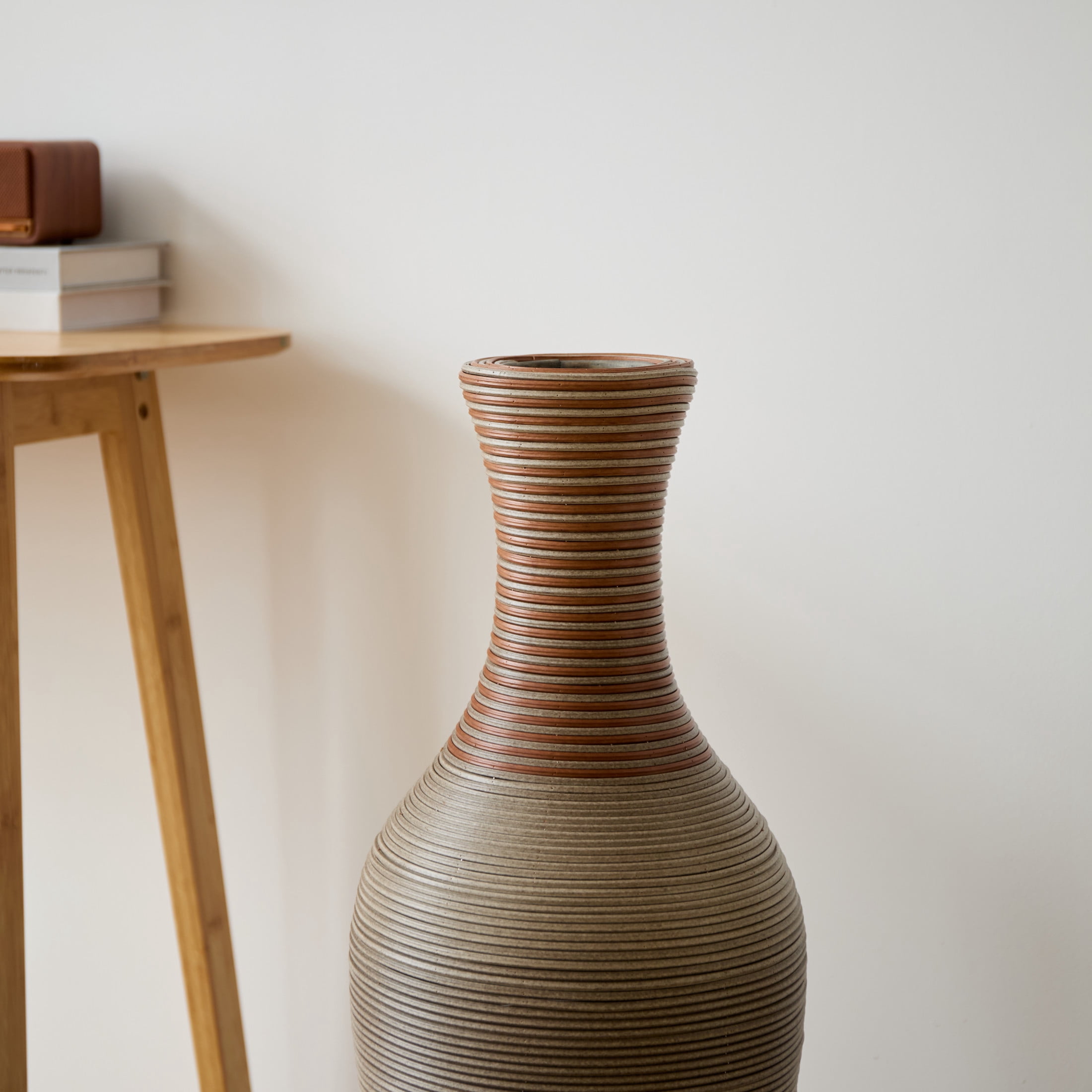 Noble House 39.4" Tall PVC Floor Vase, Hand-Woven Rattan-Like Textured Decorative Vase, Brown+Gray
