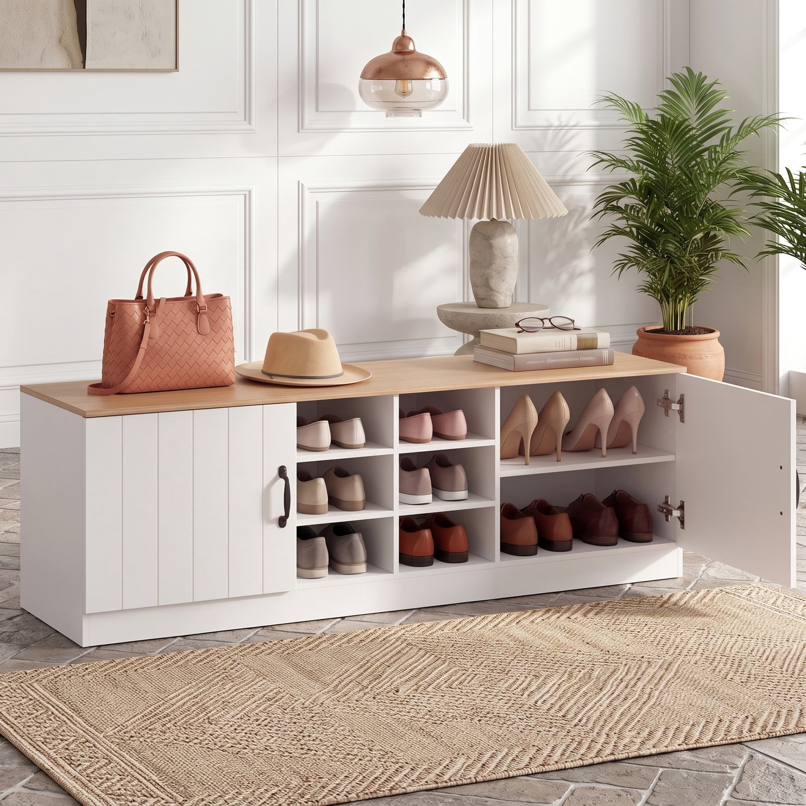 Furnibear 59 Inch 2-Door Shoe Bench Storage Cabinet with 6 Compartments and Adjustable Shelves for Entryway and Hallway, Natural