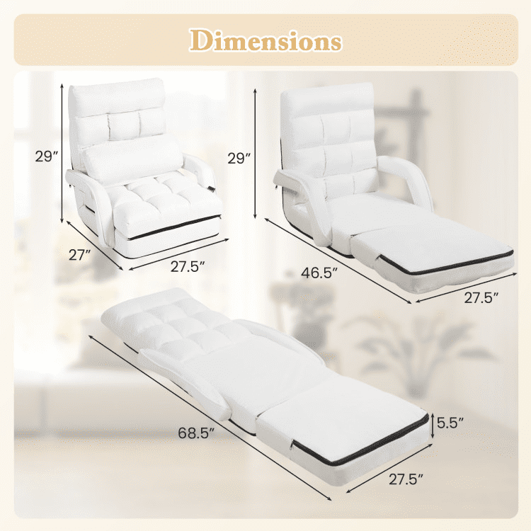 Barara King Folding Lazy Floor Chair with Armrests and Pillow, Recliner Chair Sofa with Adjustable Feature, Single Recliner for Bedroom, Living Room, Home Office, White