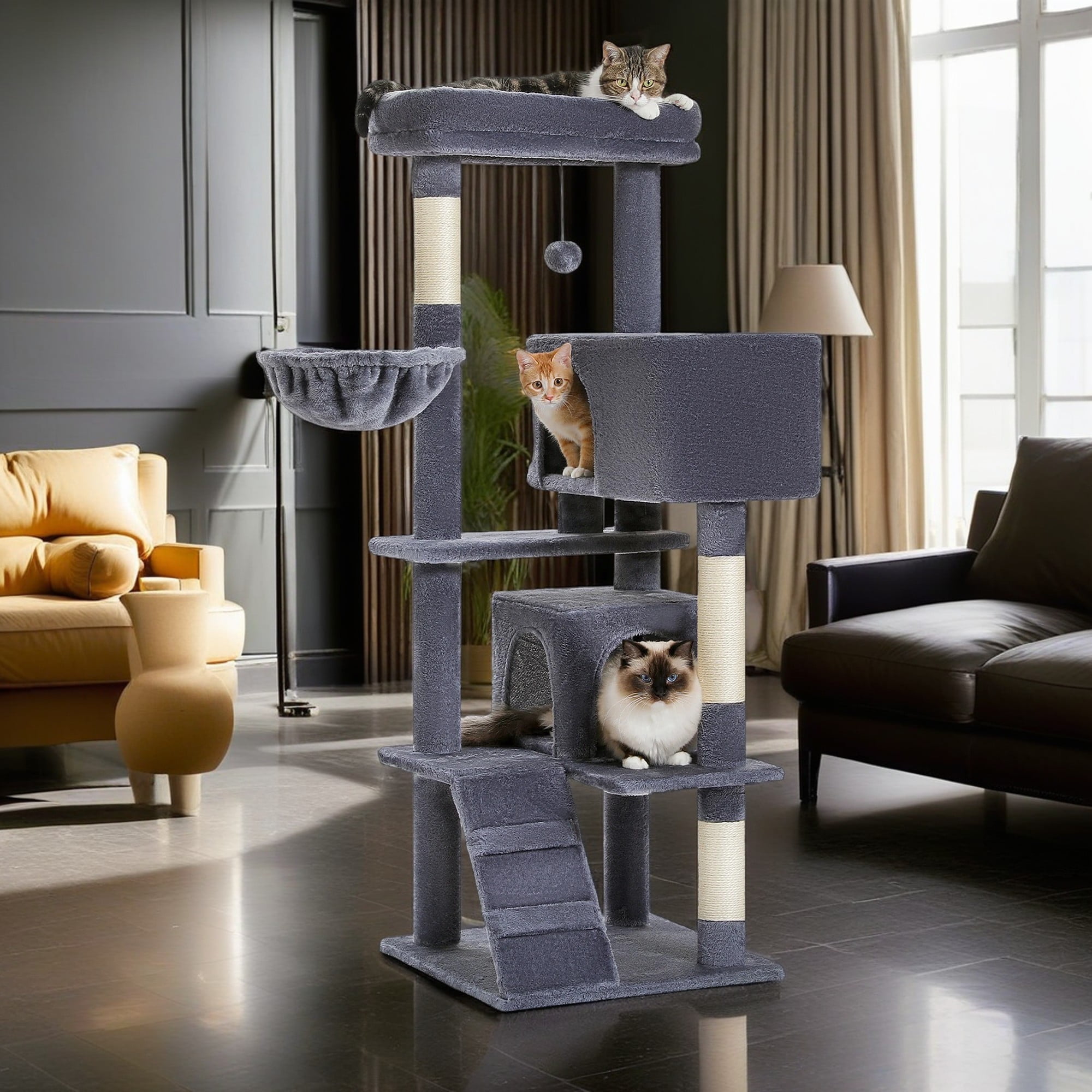 Kadyn 56" Cat Tree Tower for Indoor Cats, Cat Tree House for Multiple Cats with 2 Cozy Condos, Top Perch, Hammock, Climbing ladder and Dangling Ball, Dark Gray