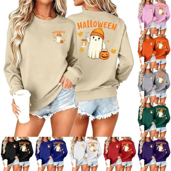 Jsaierl Womens Halloween Sweatshirts Plus Size Ghost Graphic Pullovers Soft Going Out Round Neck Long Sleeve Shirt Tops Halloween Party Supplies, Sizes S-2XL