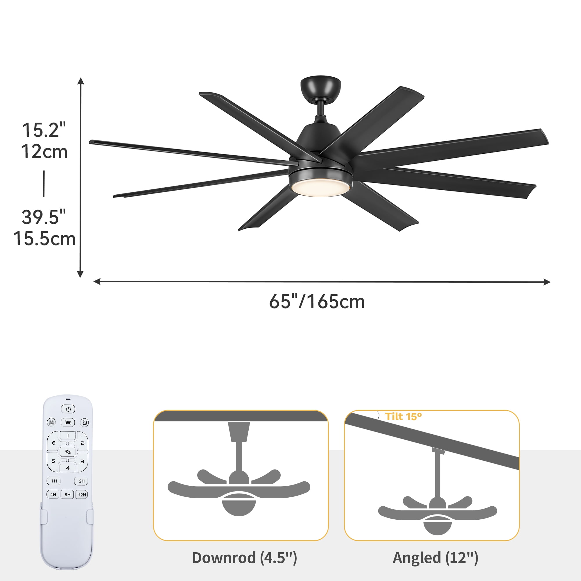 Dextrus Modern 65-Inch 8-Blade Ceiling Fan with LED Light and Remote, 6-Speed Silent DC Motor, Tri-Color Temperature, Memory Function for Indoor and Outdoor Use (Black)