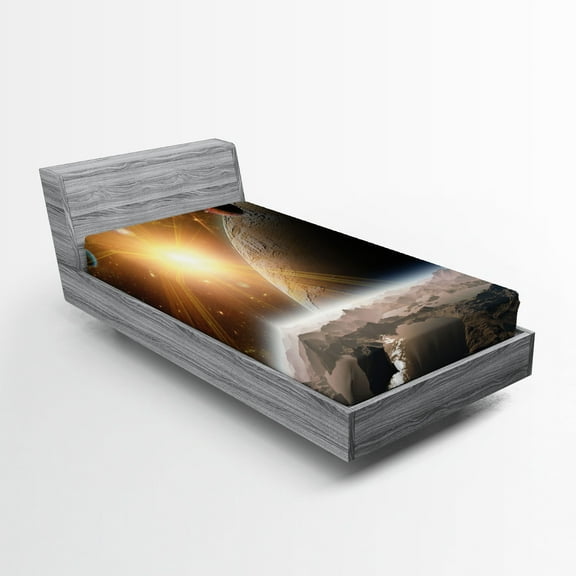 Ambesonne Galaxy Fitted Sheet, Moons Universe Earth, Twin Size, Yellow White Brown