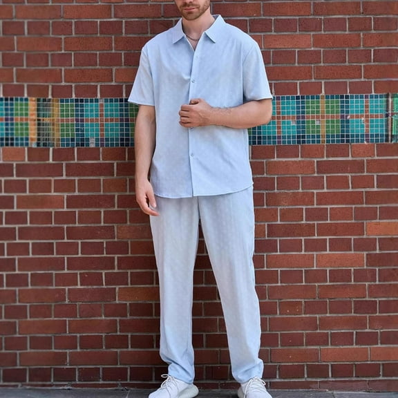 Awdenio Mens 2 Piece Short Set Linen Sets 2 Piece Short Sleeve Shirts Yoga Pants Beach Wedding Suits