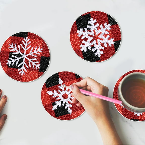 4pcs DIY Diamond Painting Coaster Kit with Red Snowflake Design and Stand, Perfect for Home Decor and Gift Giving