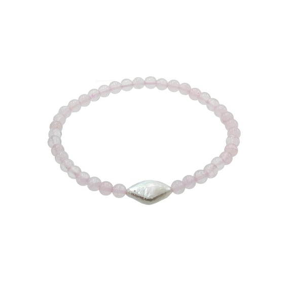 LTC Designs Rose Quartz Stretch Bracelet with Elongated Diamond-Shaped Pearl, 6.5", for Adults