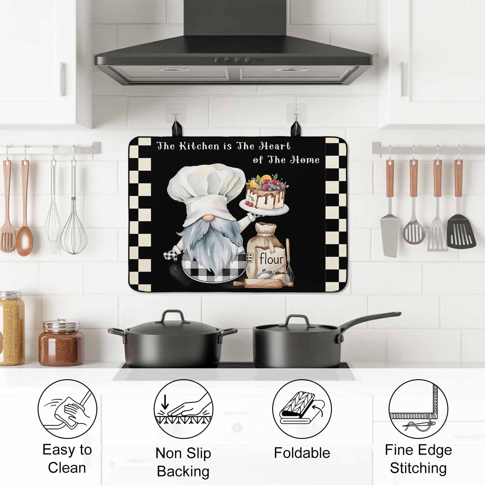 Chef Gnomes Stove Top Cover for Electric Stove, Heat-proof & Non Slip Glass Top Stove Cover Protector, Black White Plaid Dessert Maker Cake Kitchen Flat Cooktop Rubber Mat 24x21 Inches