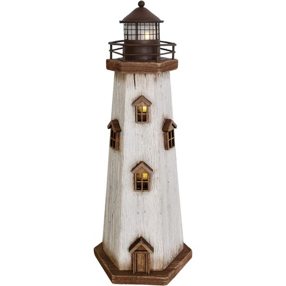 Wooden Lighthouse Decoration with Lights Nautical Tabletop Decor Decorative Tower Light Beach Themed Centerpieces Wood Coastal Home Décor (Off White)
