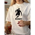 thumbnail image 1 of T-Shirt Graphique Vintage Rugby pour Femmes - T-Shirt à Manches Courtes Col Rond Décontracté, Haut d'Été en Polyester Blanc avec Design de Joueur de Football Noir, Lavable en Machine, Vêtements de Loisirs Confortables T-Shirt Sportif, 1 of 6