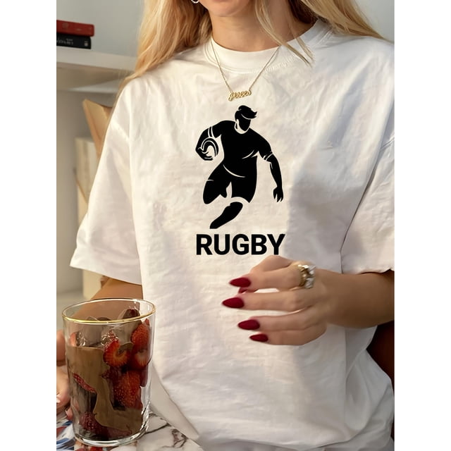 T-Shirt Graphique Vintage Rugby pour Femmes - T-Shirt à Manches Courtes Col Rond Décontracté, Haut d'Été en Polyester Blanc avec Design de Joueur de Football Noir, Lavable en Machine, Vêtements de Loisirs Confortables T-Shirt Sportif