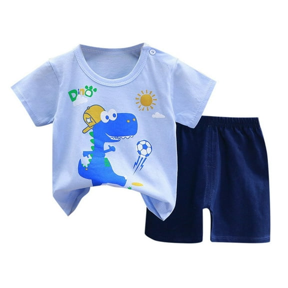 Toddler Boy Pajamas Summer Cartoon Dinosaur Car Prints Kids Baby Thin Breathable Soft Cotton 2 Piece Pajama Set Baby Pajamas Sky Blue 3 Months-6 Months