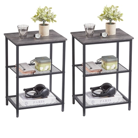 VECELO Set of 2 Side Table with Storage Mesh Shelf, Industrial 3-tier Nightstand Sofa Side End Table for Living Room Bedroom Office, Easy Assembly, Charcoal Grey