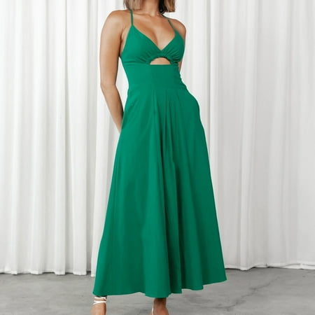 

WHLBF Dress for Women Solid Color Suspender Bra Suspender Slit Dress Green 8(L)
