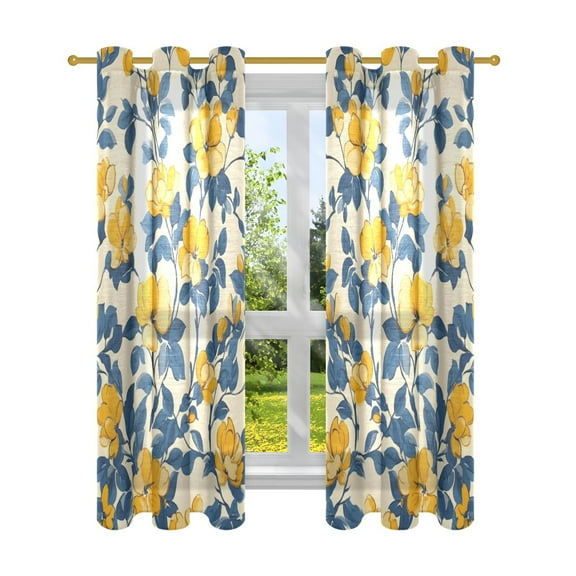 Yellow Flowers Blue Leaves Semi Sheer Curtains for Living Room Bedroom Set of 2 Insulated Window Drapes