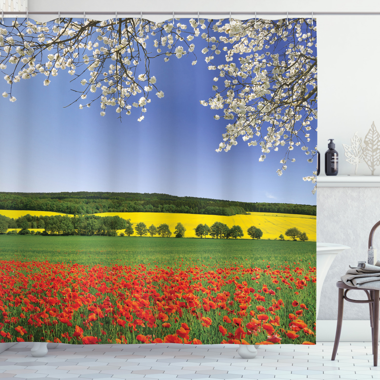 Flower Shower Curtain, Poppy Field with a Spring Landscape and Blossom