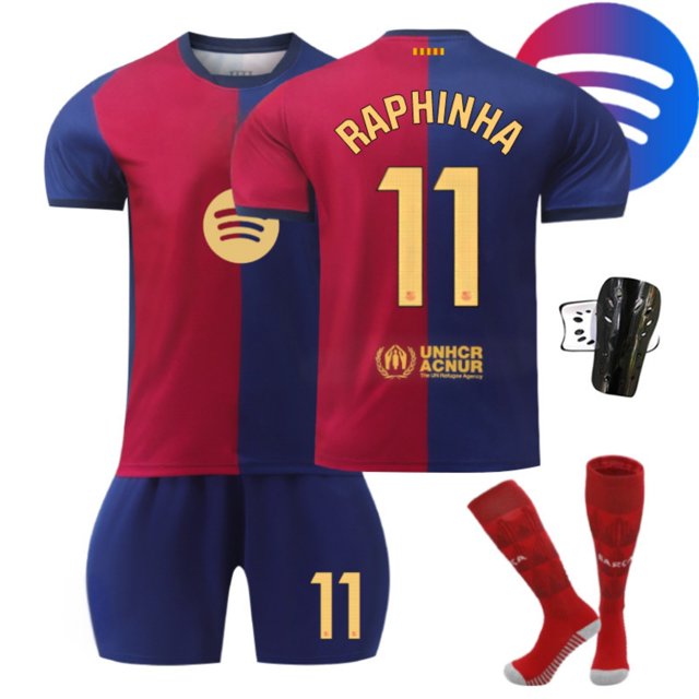 SEAYI 2425 Spanish Soccer Club Jerseys 4 Piece Sets, Number 11 RAPHINHA Printed Short Sleeve Shirts Shorts Soccer Uniforms with Socks and Kneepads, Barcelona Home Game Soccer Suits for Kids, 11/28