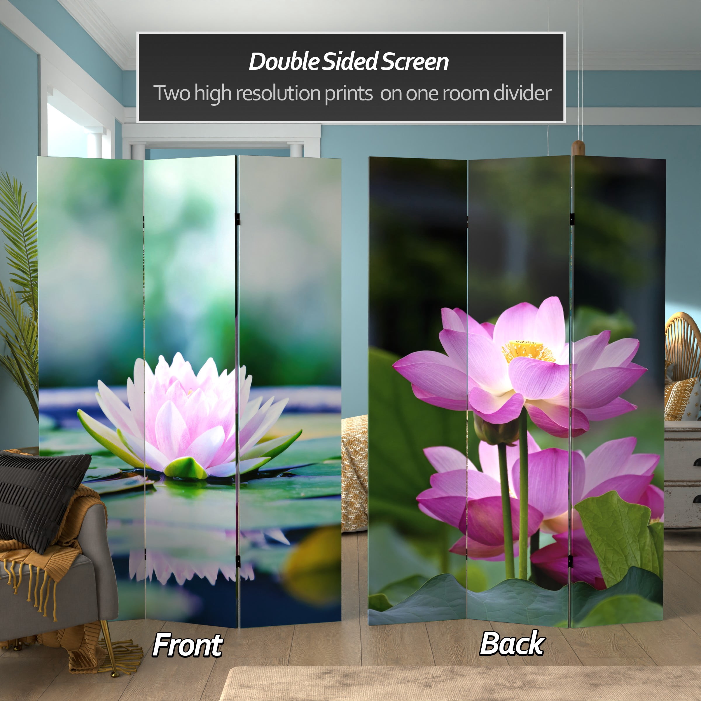 Oriental Furniture 6 ft. Tall Lotus Blossom Canvas Room Divider - 3 Panel