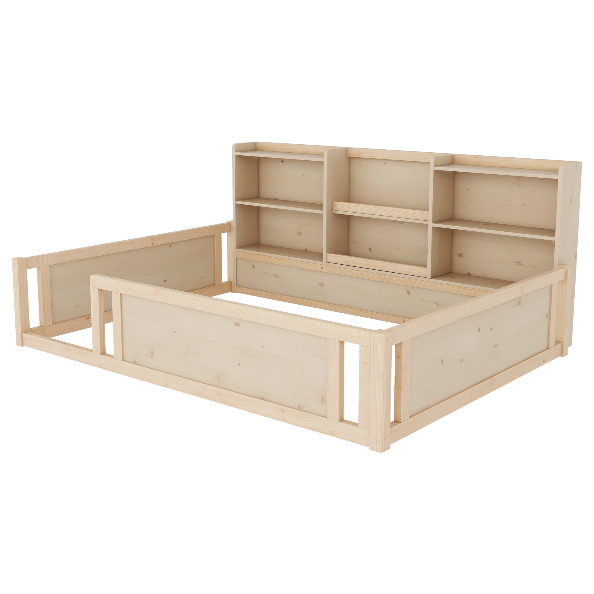 Mintazer Full Size Montessori Floor Bed with Bookcase Headboard & Guardrails, Kids Platform Bed Frame with 6 Cubby Storage Shelves for Bedroom, Natural