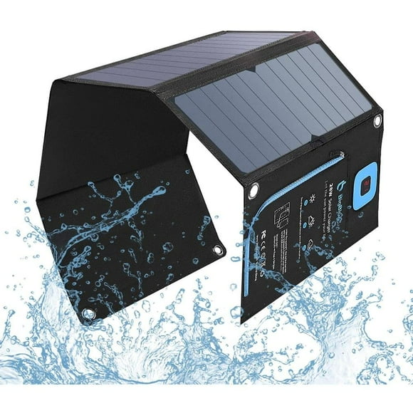BigBlue Portable Solar Charger 28W with Digital Ammeter,25.4% High-Efficiency, USB-A/USB-C Ports, Folding Waterproof Solar Panels with Carabiners for