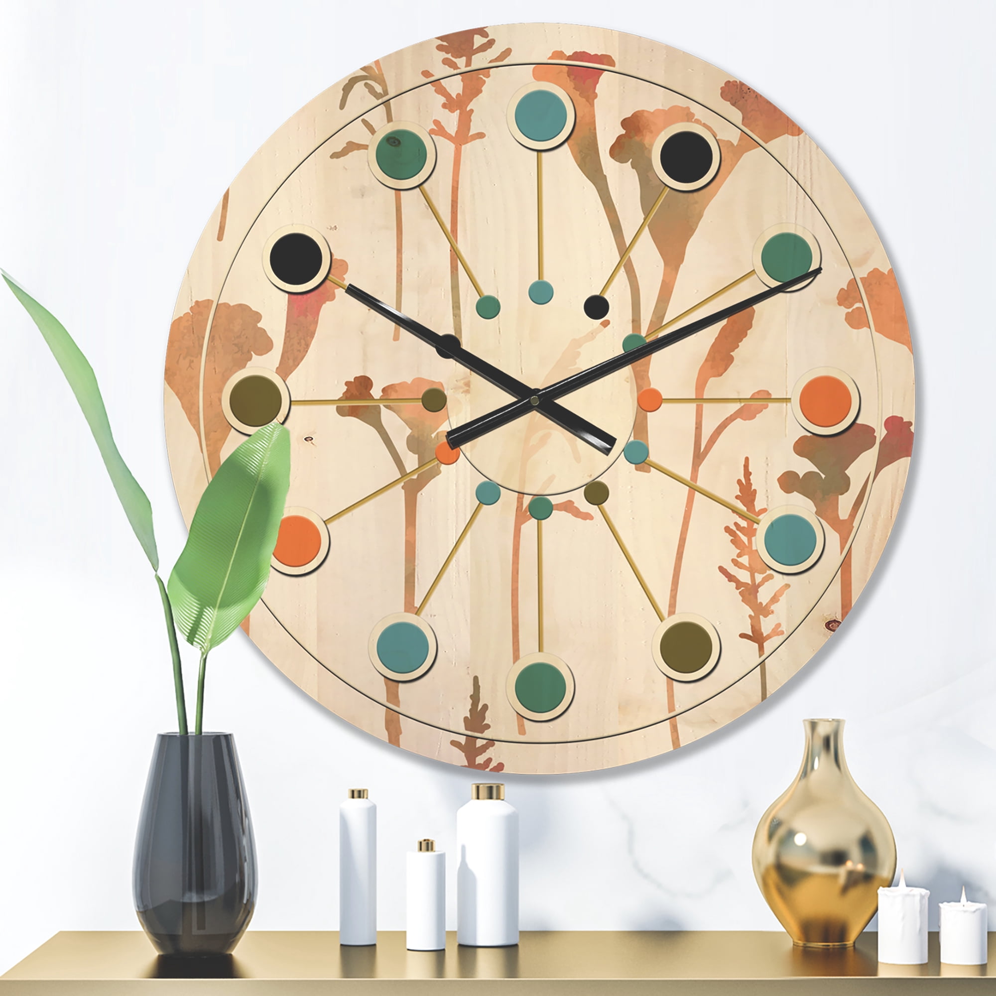 Designart 'Retro Flowers Pattern I' Mid-Century Modern Wood Wall Clock