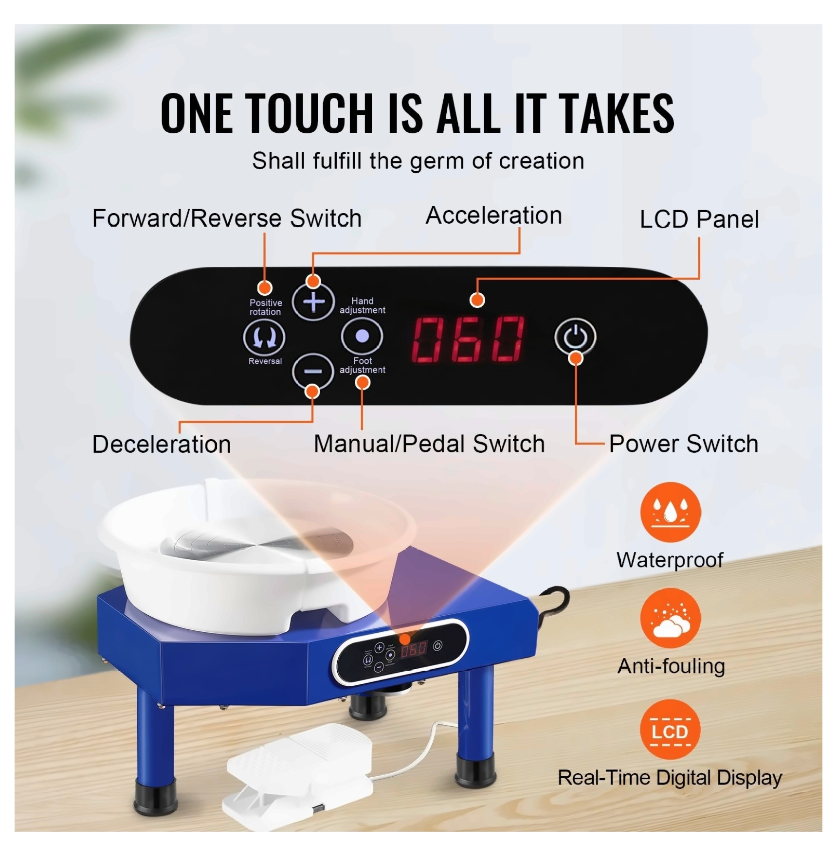 Pottery Wheel 10in, Ceramic Wheel Machine with Tools, 60-300 RPM, Foot Pedal, LCD Display, Detachable Basin, for Clay Sculpting, Arts & Crafts, DIY