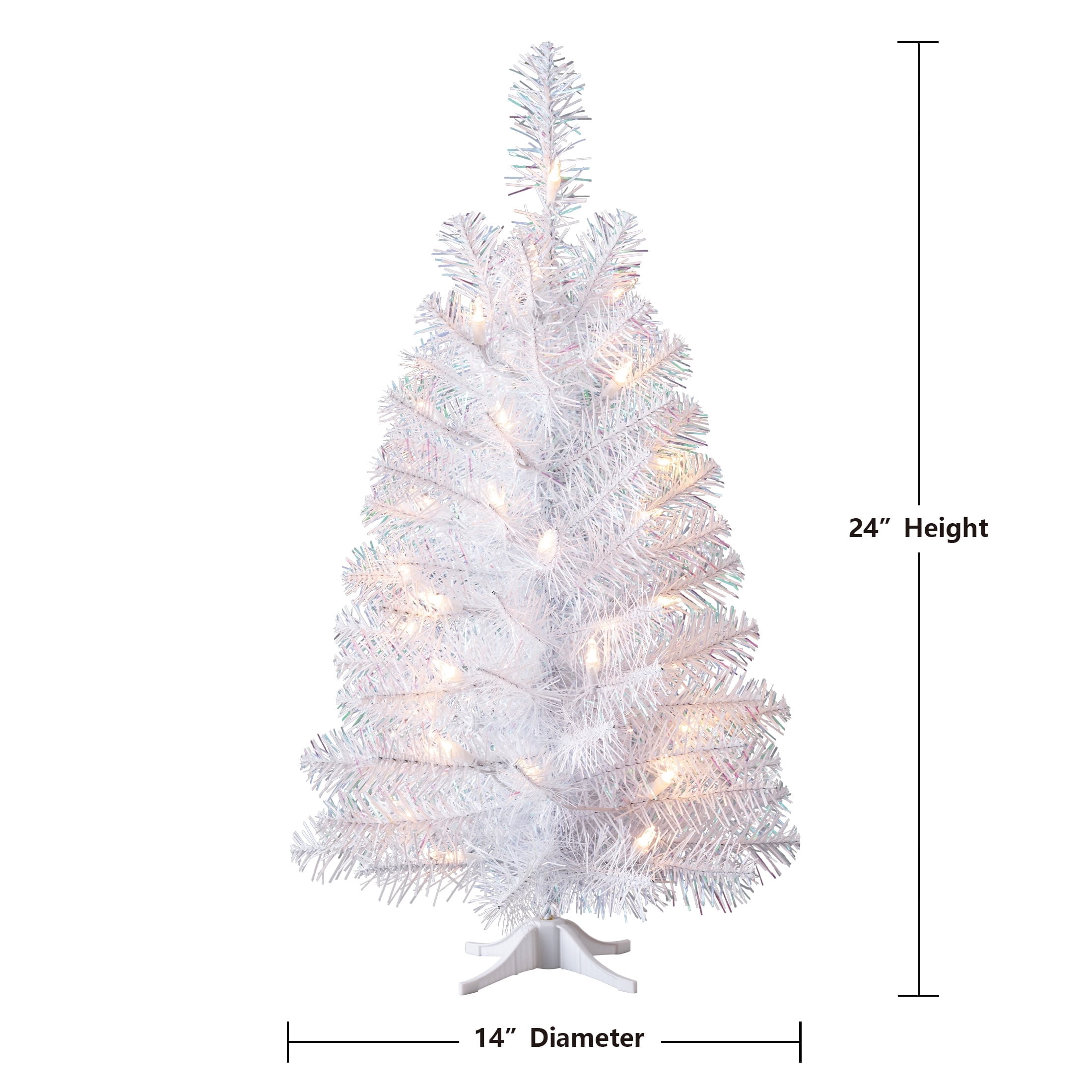 2' Small Pre-Lit Noble Spruce Iridescent White Artificial Christmas Tree with 35 Warm White LED Lights and Stand, by Holiday Time