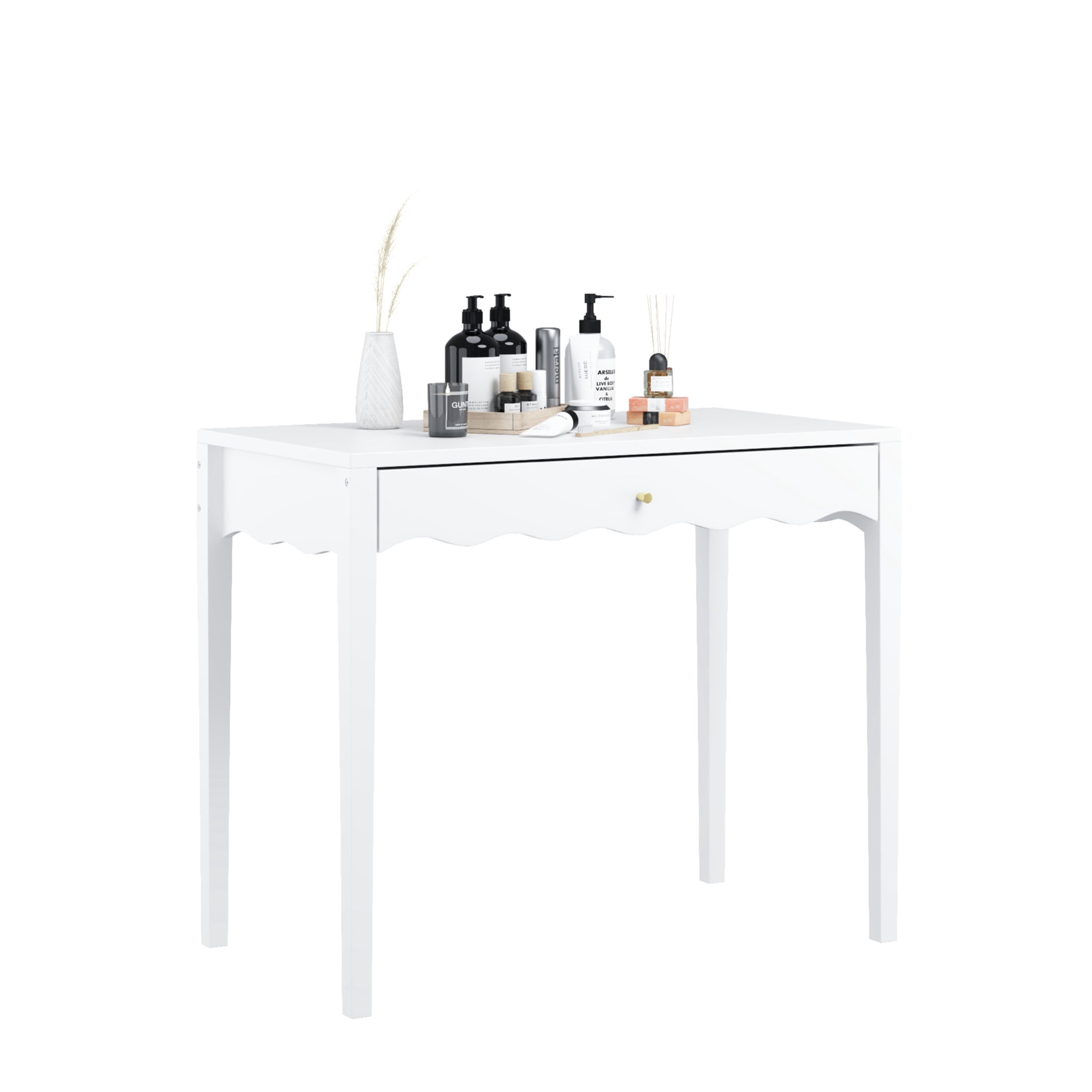 Noble House Vanity Desk with Drawer, Modern Makeup Table with Scalloped Wave Front, Small Space, White