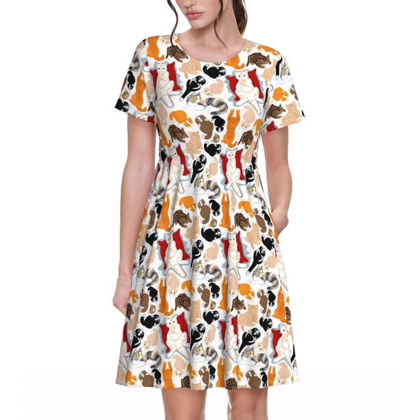 Disketp Cute Cats para Vestido de Manga Corta para Mujeres, Vestidos de Verano para Mujeres, Casual y Holgado para la Playa