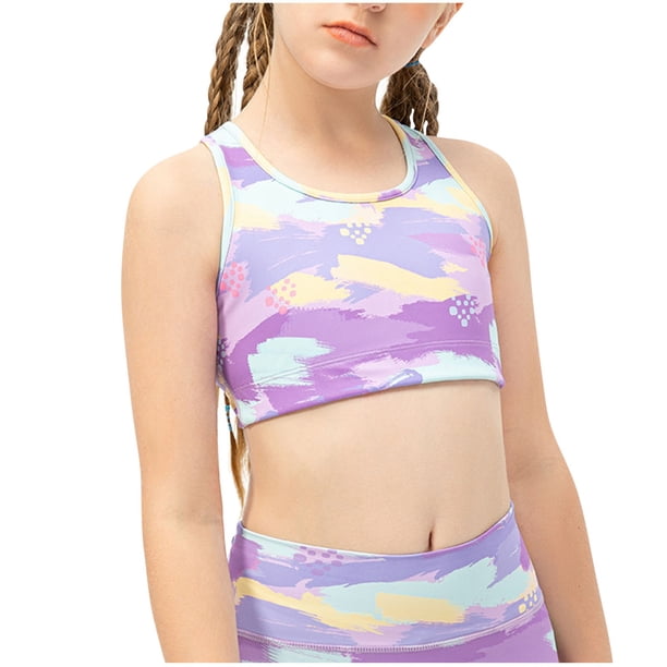 Camiseta de tirantes de cuello redondo para niña, ropa interior deportiva cómoda para el desarrollo, sujetador con protectores de pecho incorporados, top de poliéster para niña