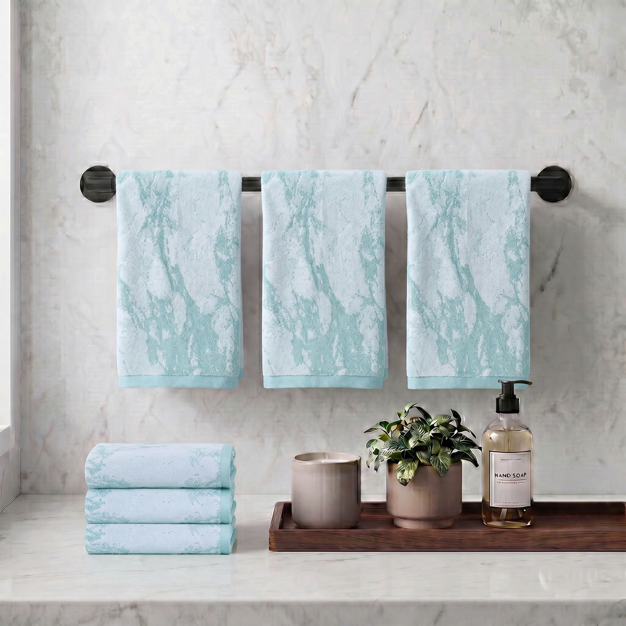Superior Marble Pattern Cotton 6-Piece Hand Towel Set, 6-Pack, Cyan