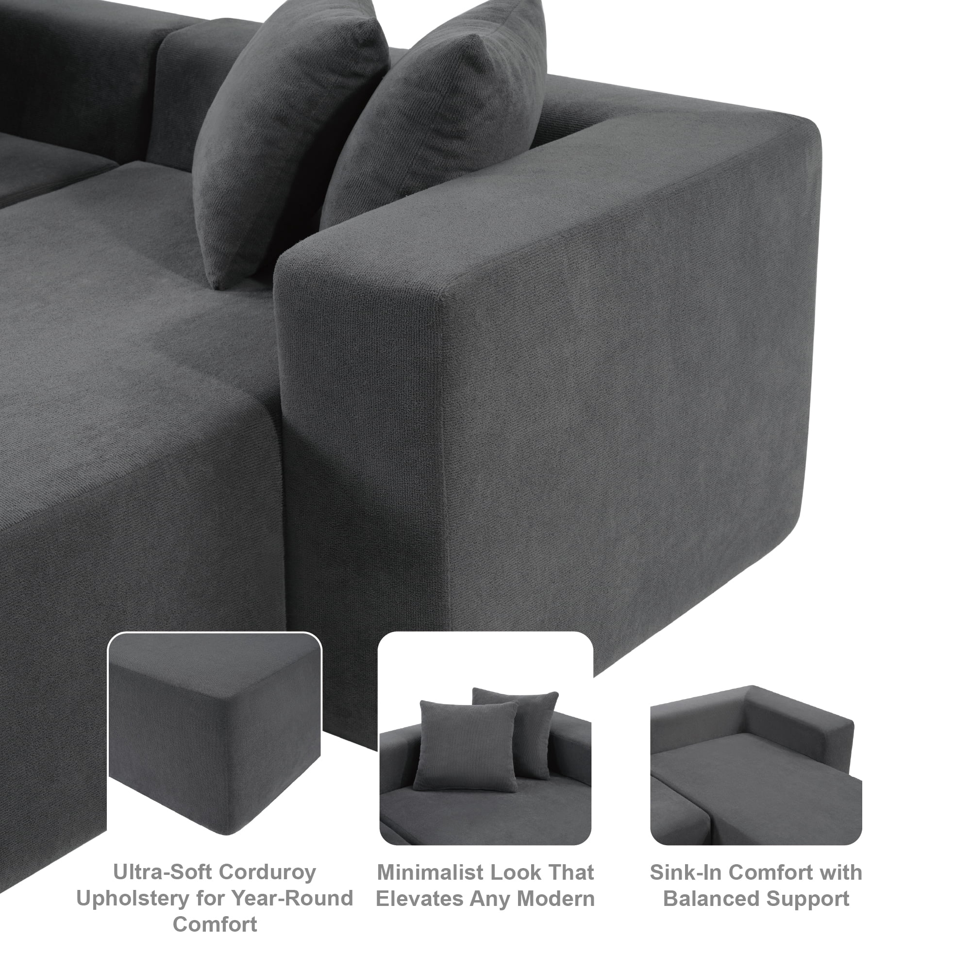 Modular L-Shaped Sectional Sofa with Deep Seat, 101-Inch High-Density Foam Sofa Bed, No Assembly Required, Living Room Couch, Dark Grey