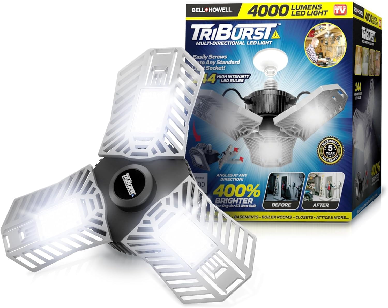 FEFEFW-TRIBURST Aluminum LED Socket Ceiling Light Bulbs 60W 4000 LM 6500K – 3 Deformable Panels LED Shop Light Fixture for Indoor, Bedroom, Living Room, Garage Lights, Home Improvement, E26 / E27