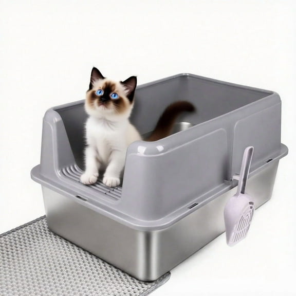 Stainless Steel Cat Litter Box, Large Open Top Litter Pan for Big Cats & Maine Coons, High Sided Anti-Track Anti-Leak Design, with Included Scoop & Litter Mat