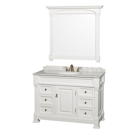48 Inch Single Bathroom Vanity - Wyndham Collection Andover 48 inch Single Bathroom Vanity in White, White Carrera Marble Countertop, Undermount Oval Sink, and 44 inch Mirror