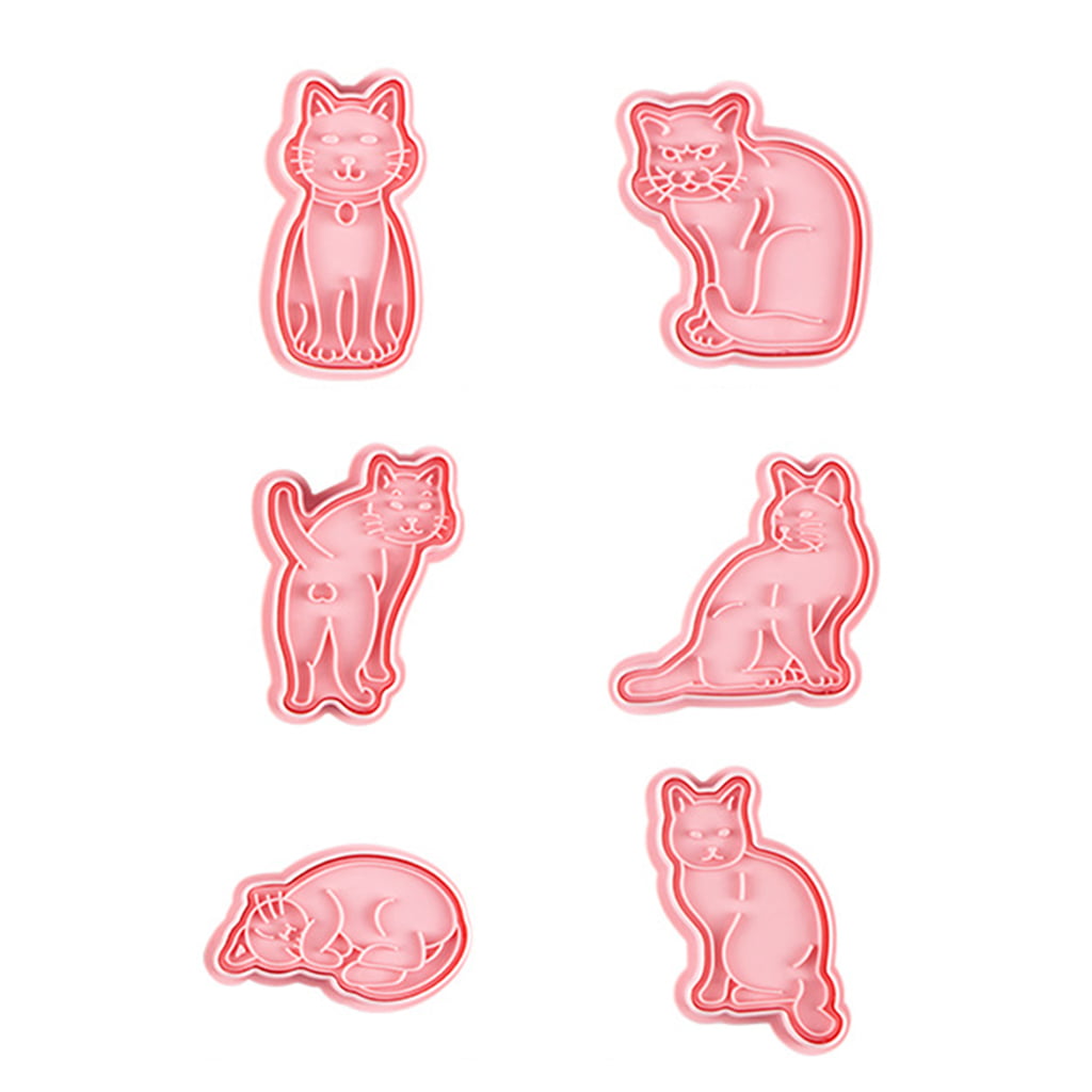 AOOOWER 6 Pcs Cute Cat Cookie Cutters Fondant Cutters Plunger Cookie Stamps  Baking Mold Cake Decorating Tool 