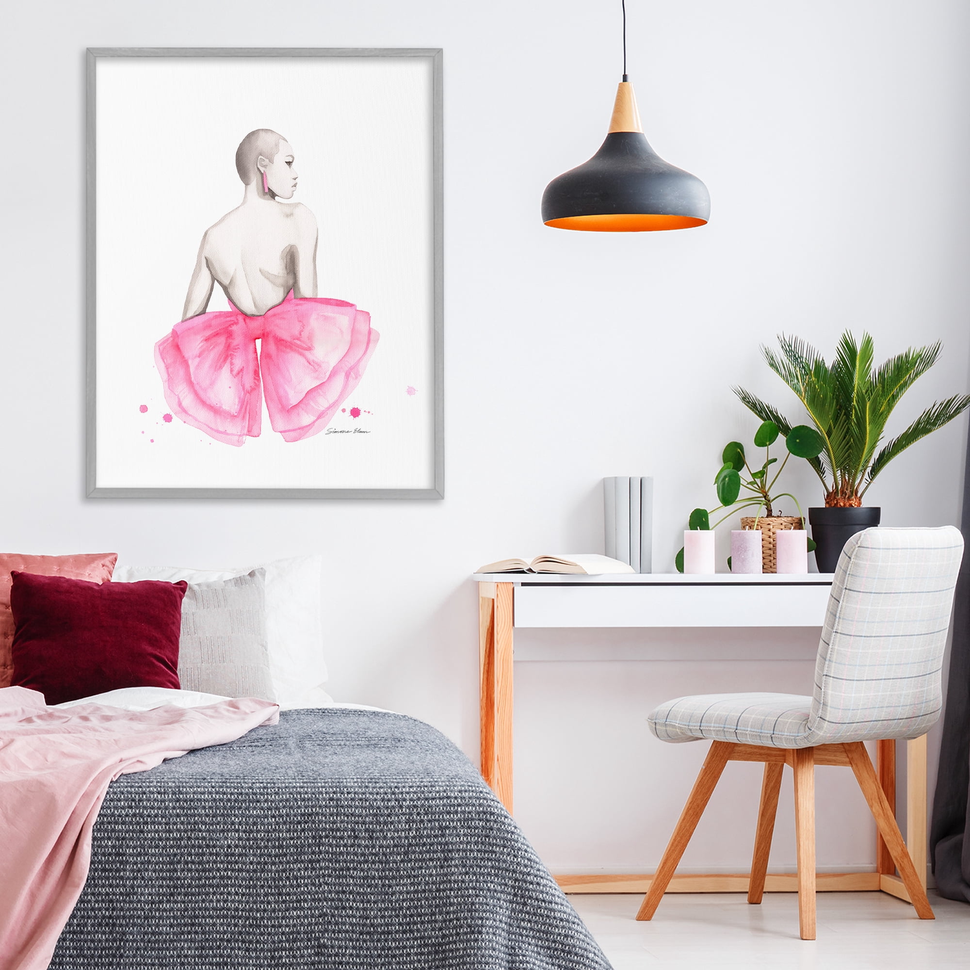 Stupell Industries Pink Bow Portrait From Behind Gray Framed Giclee Art, design by Simone Elum