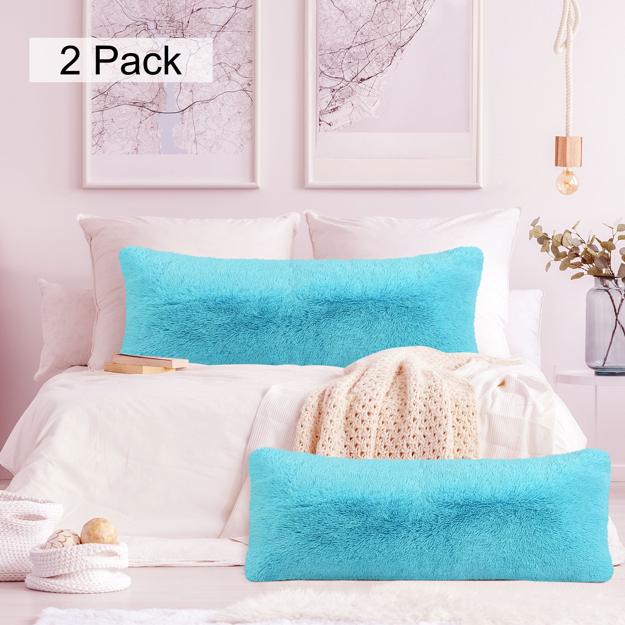 Blue Faux Mongolian Fur Body Pillow Cover with Zipper 20"x48" 2Piece