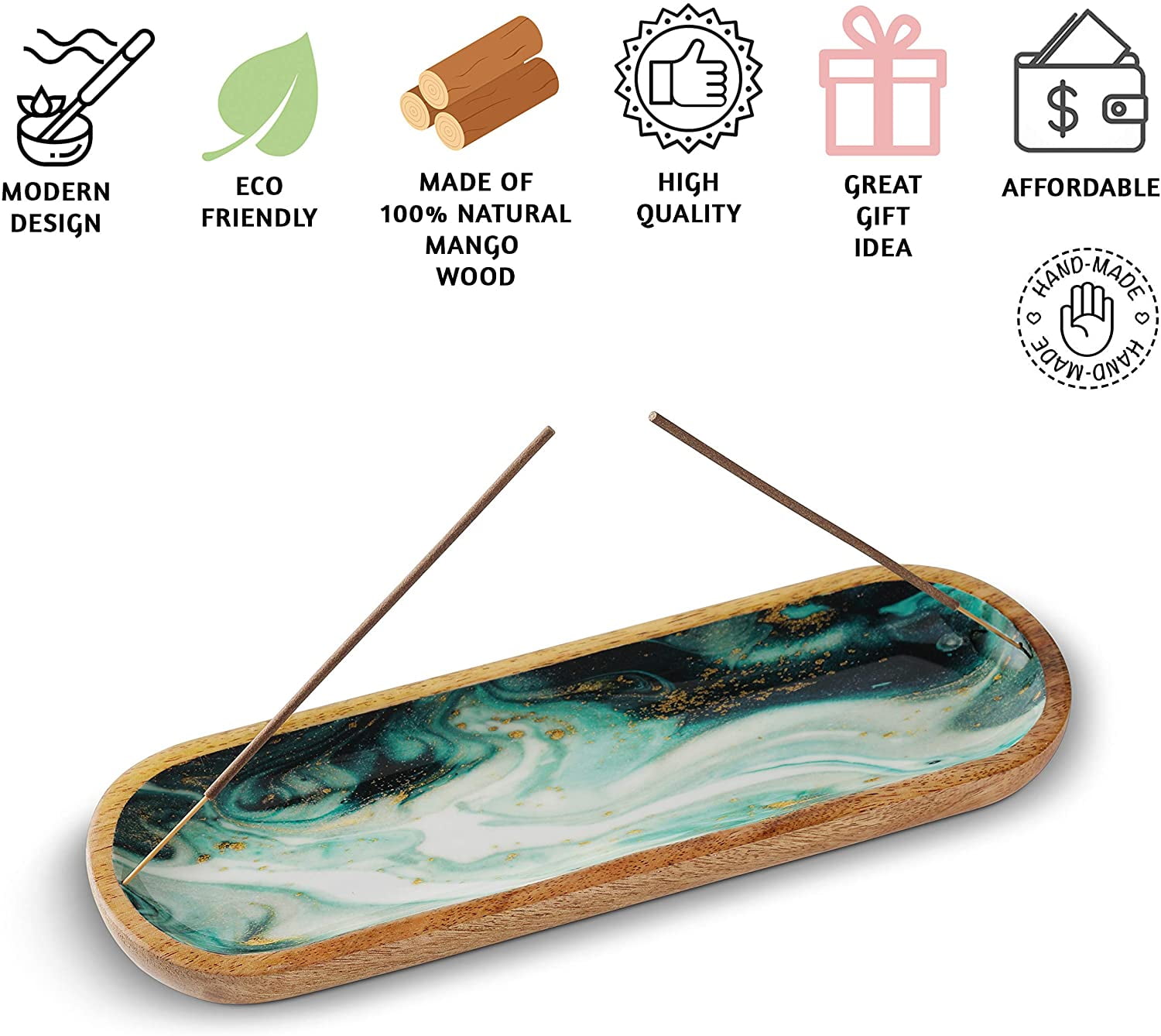 Folkulture Incense Holder or Insence Burner Holder, 12 inch Long, Green Agate, Mango Wood Ash Catcher