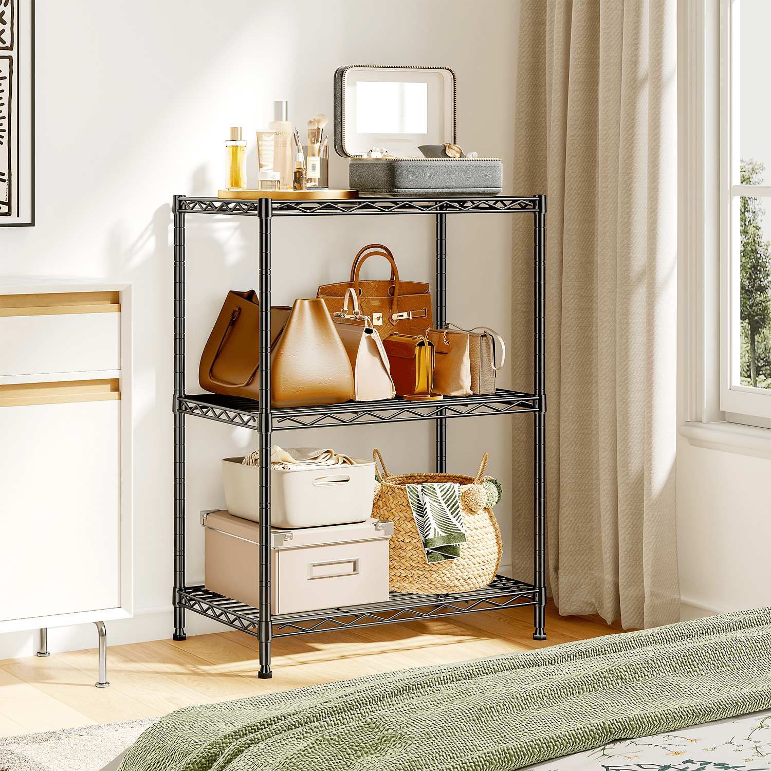 REIBII 3 Tier Metal Storage Shelves,Adjustable Small Wire Shelving Unit,Laundry Room Shelves,35" H x 18" W x 12" D Kitchen Pantry Organizers,Black