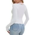 thumbnail image 3 of Galabris Womens Long Sleeve V Neck T-shirts, Sexy Lace Slim Fitted Crop Tops, Elastic Breathable Smooth Casual Tee, 3 of 6