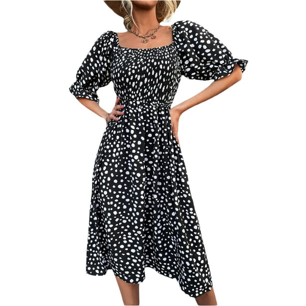 Faithtur Female Casual Dress, Summer Spots Print UNeck Elbow Sleeve