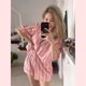 thumbnail image 1 of Pijama de rayas para mujer, traje de verano, cárdigan sencillo de manga corta, holgado y cómodo, ropa para el hogar, pijama de seda rosa hielo., 1 of 6