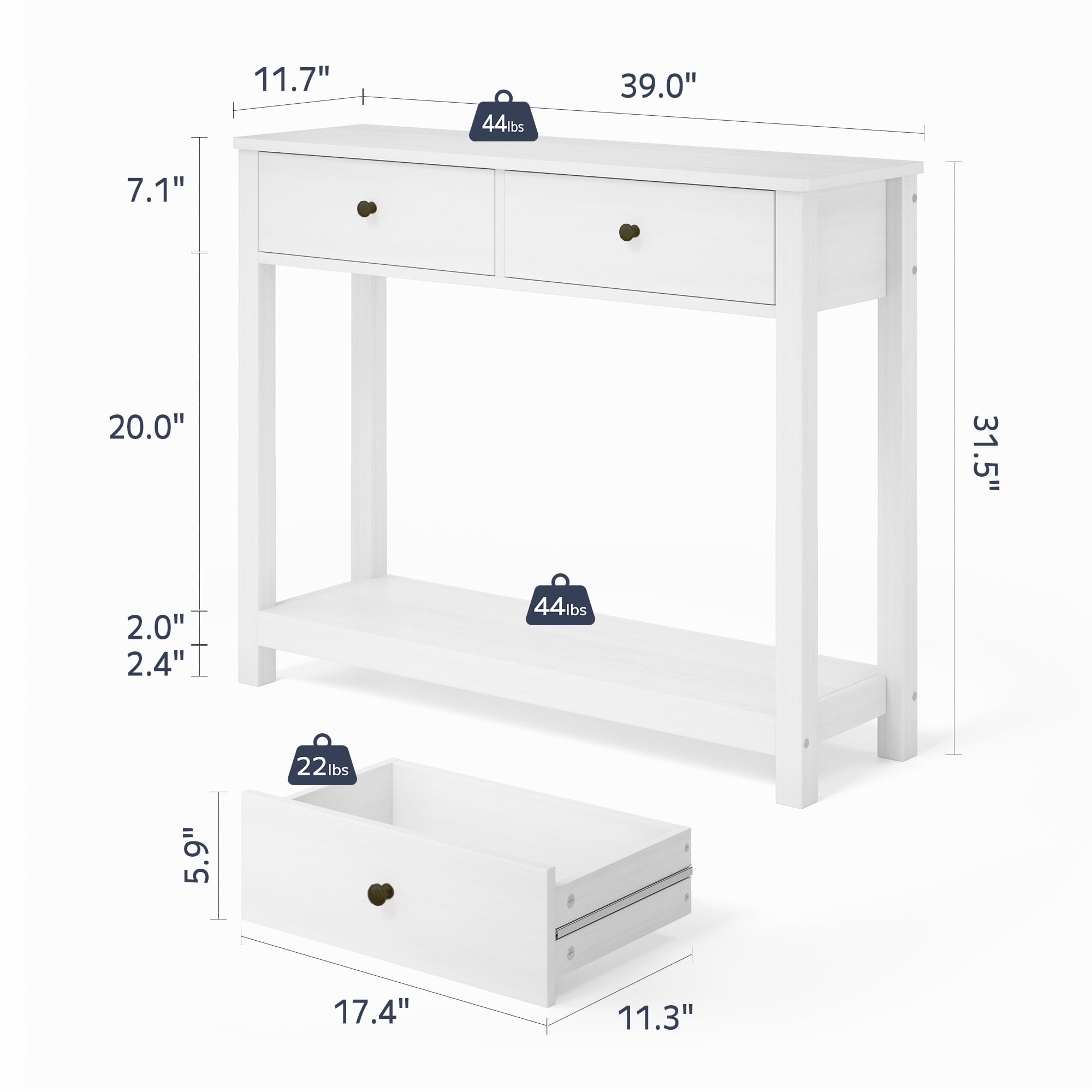 Asofer 39" Console Table with Open Storage, Long Sofa Table with 2 Drawers for Entryway, Hallway, Corridor, Front Hall, White